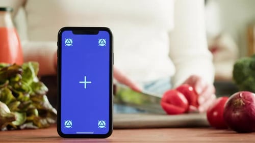 Food Shopping Delivery Online Shop Application Smartphone with Blue Chroma Key Screen and Fresh