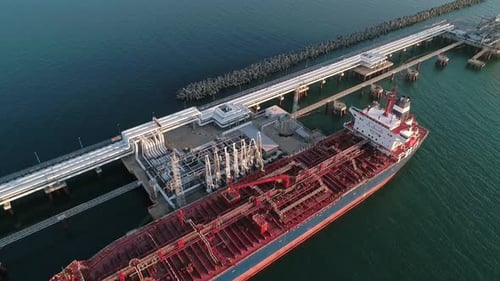 Aerial View of a Tanker is Loading in Oil Berth Harbour Terminal