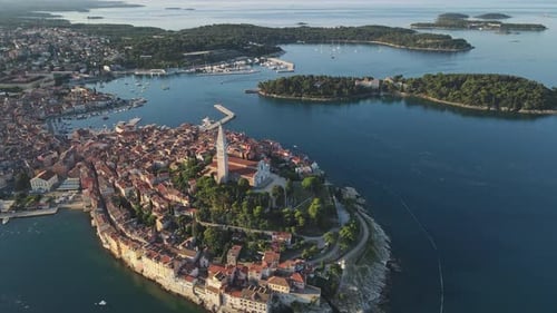 Flying over the old town with drone, 4K video.