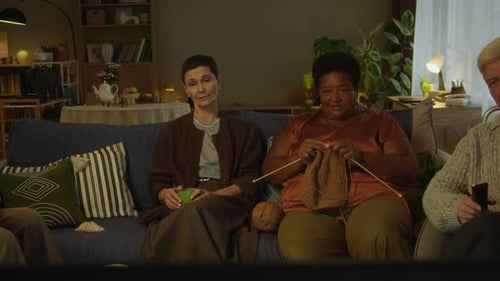 Diverse Seniors Chatting and Laughing in front of TV in Cozy Nursing Home