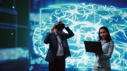 Man Uses VR Headset with Colleague and Digital Background