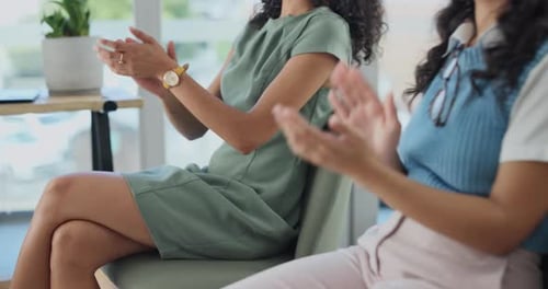 People, hands and applause in audience for business training at conference for presentation support