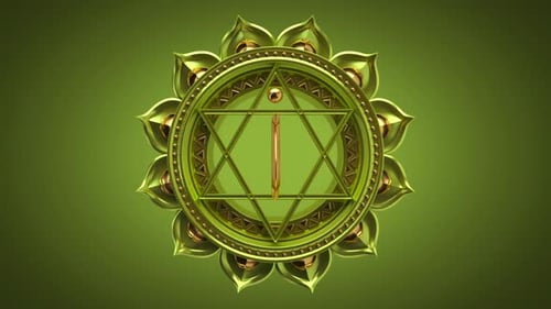 Renderização 3D do símbolo do chakra do coração girando sobre fundo verde.