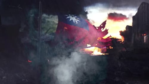 Tattered Taiwan Flag Waving in War-Torn City During Explosion