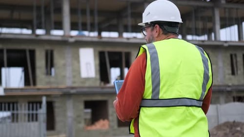 Civil architect engineer inspecting building site with blueprint on tablet, rear view