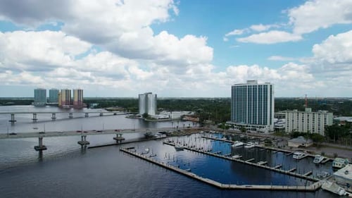 Static drone shot of the busy traffic over the Cape Coral, Florida bridge