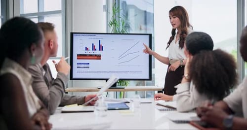 Business people, woman or screen for graphs presentation and data analysis in meeting for growth