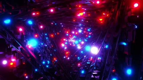 Glitter triangular tunnel with glass walls with colored glow balls. Vj loop action background.