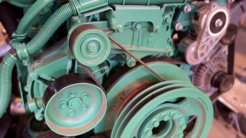 Detail of driving part of the Diesel engine with motor belt, pulley, gear, engine equipment details.
