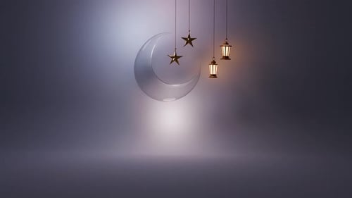 Ramadan Eid Crescent Moon Animation with Hanging Stars and Lanterns