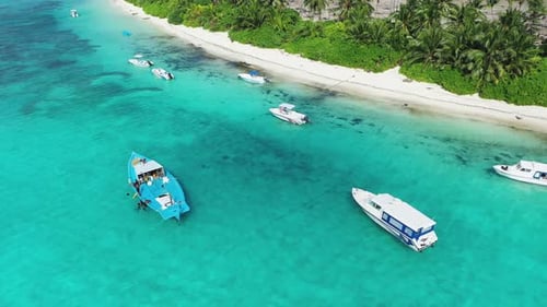 Aerial view of tropical paradise with boats, beach, and palm trees, Maldives.
