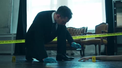Detective Investigating Crime Scene with Magnifying Glass