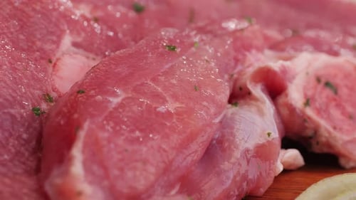 Raw Slice Beef Meat in Spices Paprika Salt Pepper Turmeric on Plate Closeup Preparing Raw Food for
