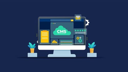 Flat Design CMS Concept Build-Up on Desktop Monitor