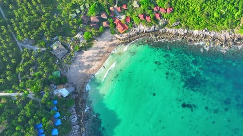 Drone aerial view captures stunning island. 4K.