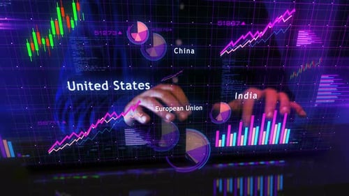 USA EU China India charts graphs display with typing keyboard