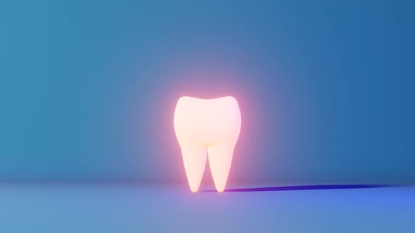 Toothache 3D loop animation neon light blue background. White healthy ...