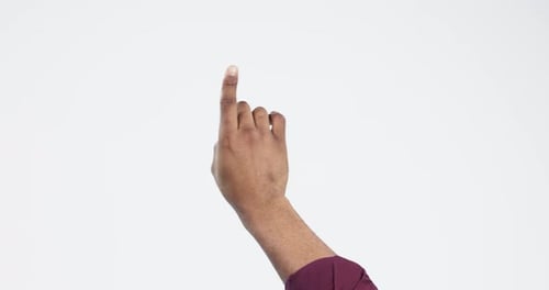 Hand, mock up and finger swipe with person in studio for space, advertising