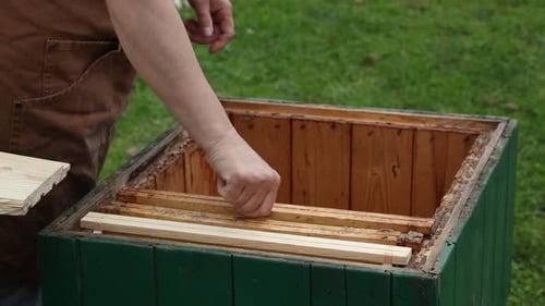 Beekeeper Putting Wax Frames in to hive bodies