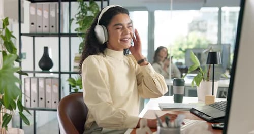 Headphones, dance and businesswoman in office with computer for creative project listening to music