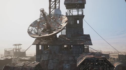 Complejo industrial abandonado con una gran antena parabólica en un paisaje desolado