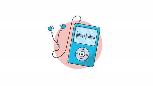 Cartoon Animation of Portable Music Player and Earbuds
