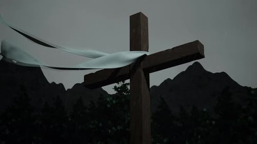 Sagrada Cruz com gotas de chuva e nuvens