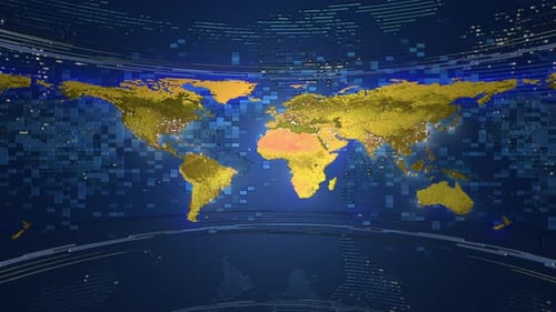 Futuristic Rotating World Map with Global Technology Grid