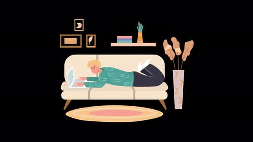 Animated Person on Couch with Laptop Flat Design