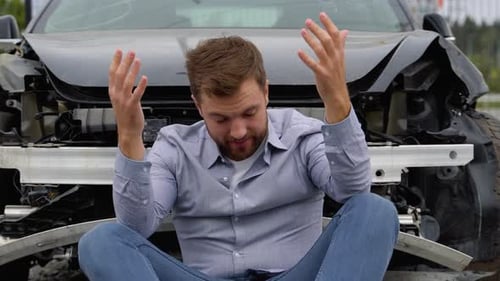 A Man Sits Stressed Out After a Car Crash on the Road The Concept of Traffic Accidents and Insurance