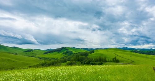 Mountain Meadow Timelapse at the Summer or Autumn Time Wild Nature and Rural Field Fast Clouds