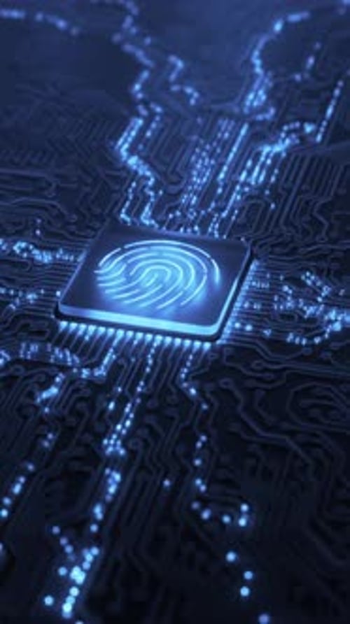 Fingerprint Integrated on a Cpu Chip on a Printed Circuit Motherboard Digital PCB 3D Abstract