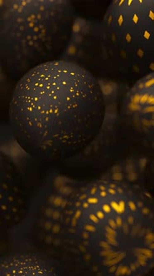 Abstract Golden Luminous Patterns on Black Spheres Motion Background