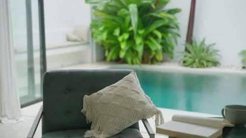 Rain Falls in a Tropical Luxury Villa with Swimming Pool in Bali Close Up