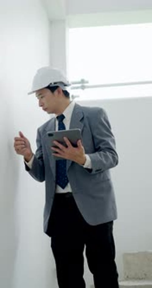 Asian male engineer uses walkie talkie with clipboard near unfinished window wall, coordinating