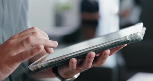 Hands, tablet and business person in office with typing, website review and internet research