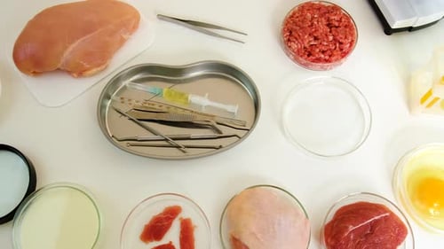 Overhead shot of raw food items and medical equipment