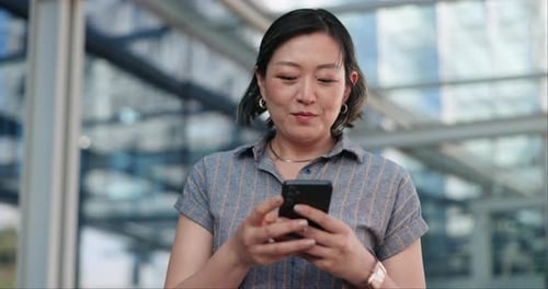 Woman, texting and commute to work, city and smartphone, conversation and technology