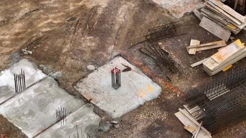 Aerial view of a construction site's foundation work