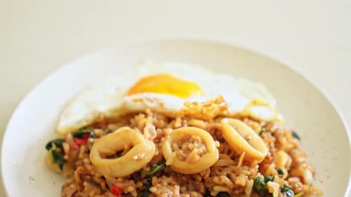 Fried Rice with Squid and Fried Egg Close Up