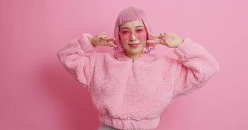 Woman with pink hair smiles and poses in studio