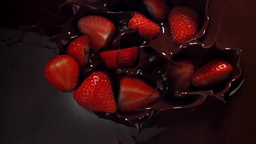 Strawberries Falling Into Dark Chocolate Sauce Close Up