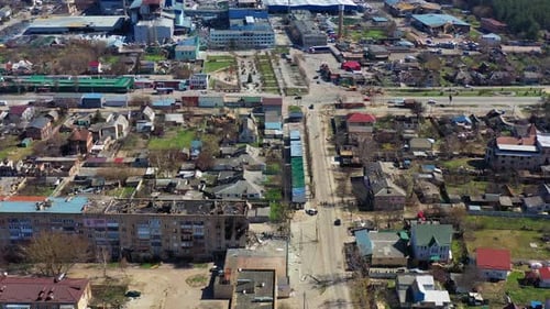 Top view of the destroyed glass factory. The glass factory was destroyed by a rocket