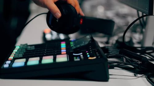Audio Mixer Control Panel in Podcast Recording Studio