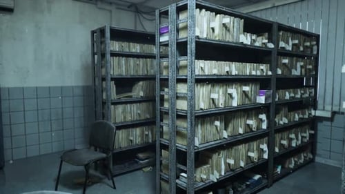 Abandoned and Destroyed Hospital with Decaying Shelves of Medical Records