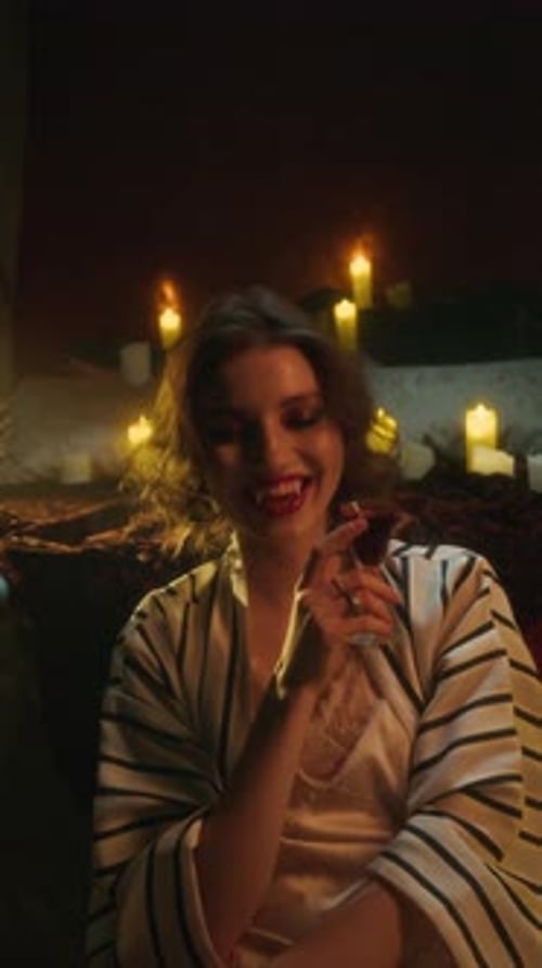 Portrait of Vampire Woman with Tousled Hair and Mischievous Smile