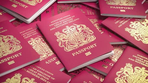 A Lot of UK United Kingdom Passports UK Immigration Citizenship and Tourism Concept 3d Animation