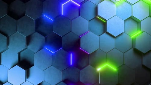 Neon hexagons glow in blue and green