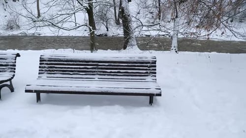 Three Wooden Benches Covered in Fresh Snow The Camera Moves From Right to Left Capturing the Beauty