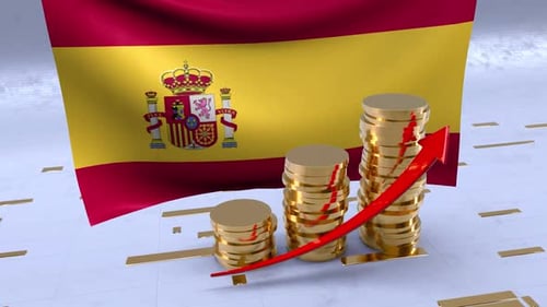 Spanische Flagge mit Goldmünzenturm und Aufwärtspfeil